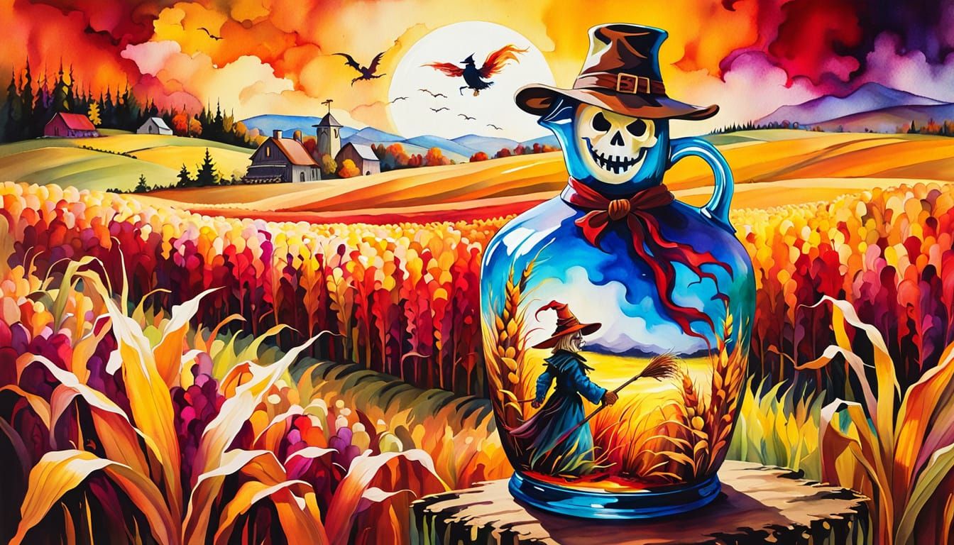 Whisky Jug in Autumn Cornfield with Scarecrow, Alcohol Ink A...