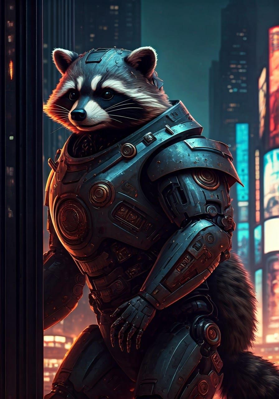 Metallic Raccoon Mecha in Cyberpunk Cityscape
