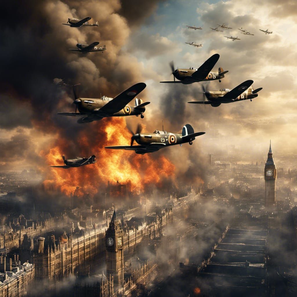 Spitfires Over London Ablaze: 1940s Cinematic Scene