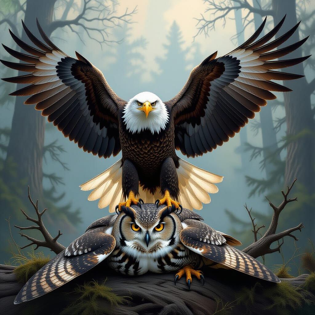 Victorious Eagle Over Defeated Owl in Misty Forest