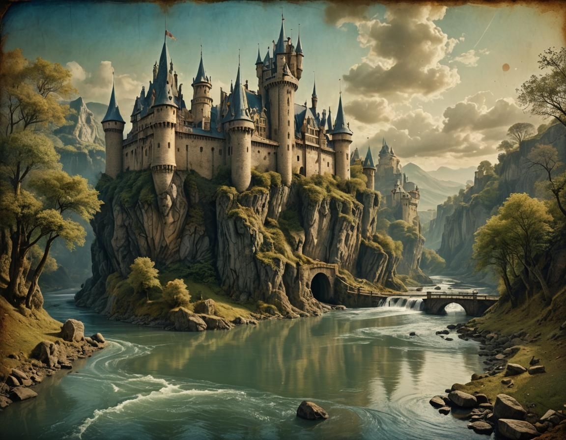 Fantasy Castle River View in Vintage Style