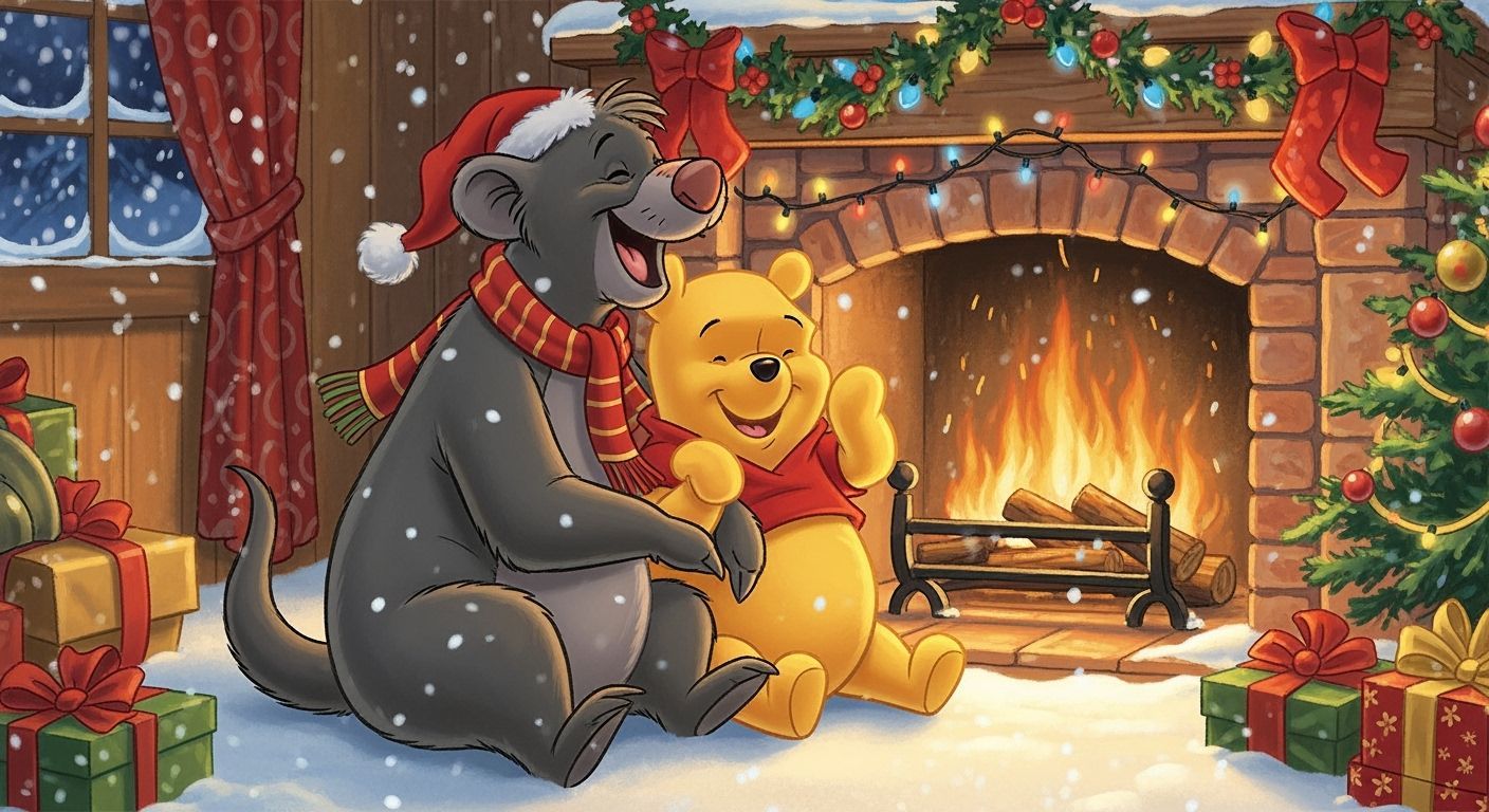Baloo and Winnie the Pooh Laughing on Snowy Christmas Eve