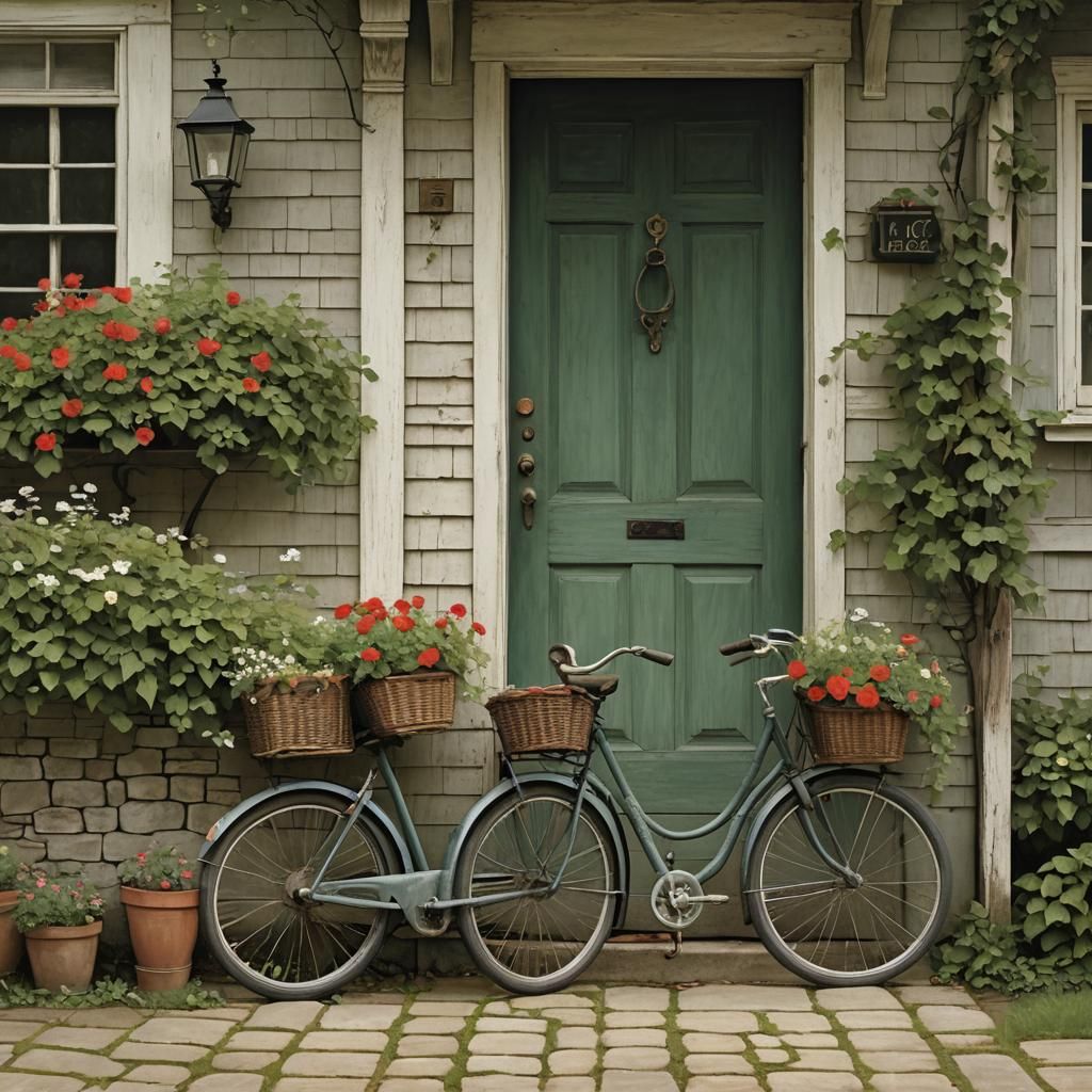 Charming Bicycle at House Entrance in Naive Art Style