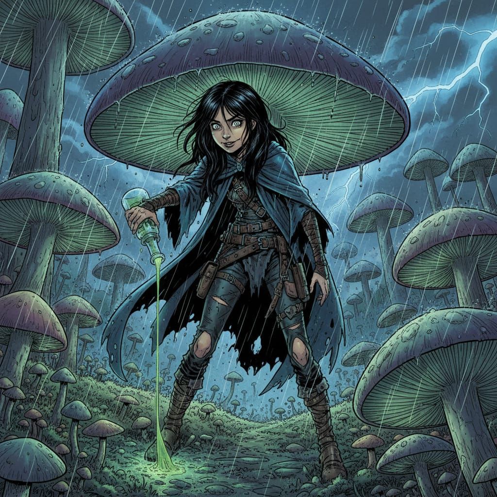 Mischievous Wizard Girl in Alien Fungus Landscape