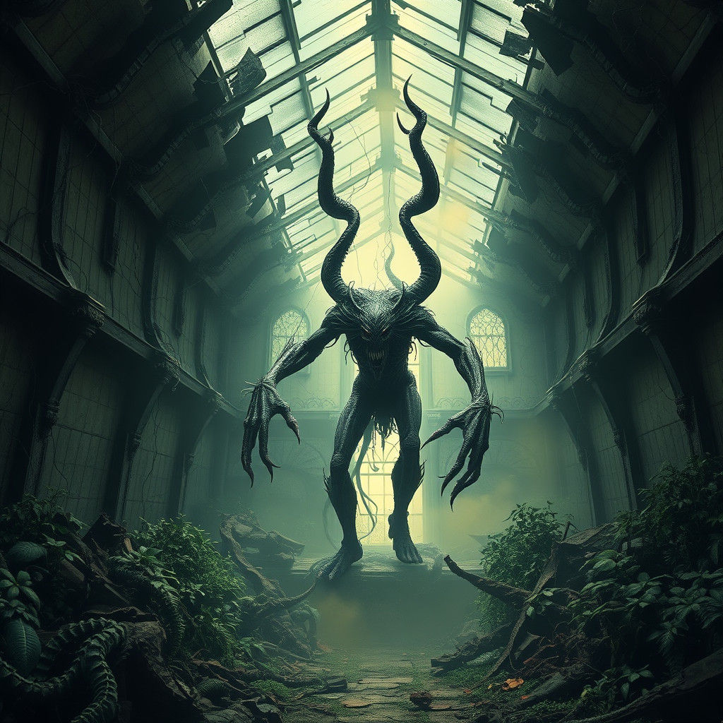 Nightmarish Plant Demon in Overgrown Greenhouse