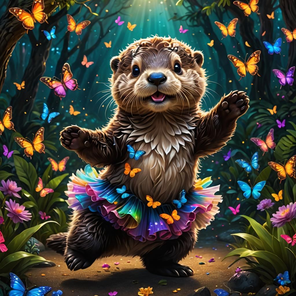 Cute Otter in Tutu Dancing in Enchanted Forest