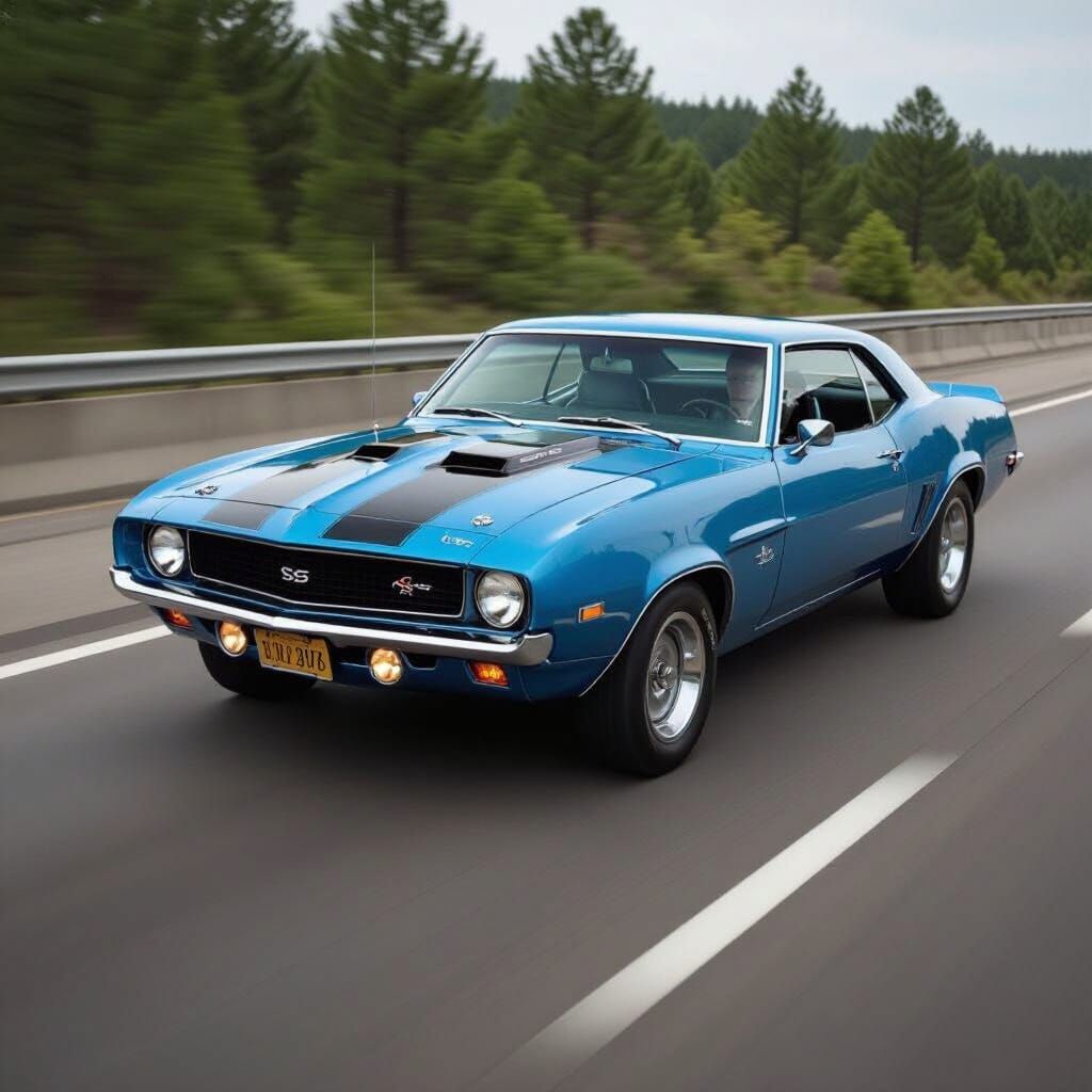 Blue Classic Muscle Car Speeds on Highway
