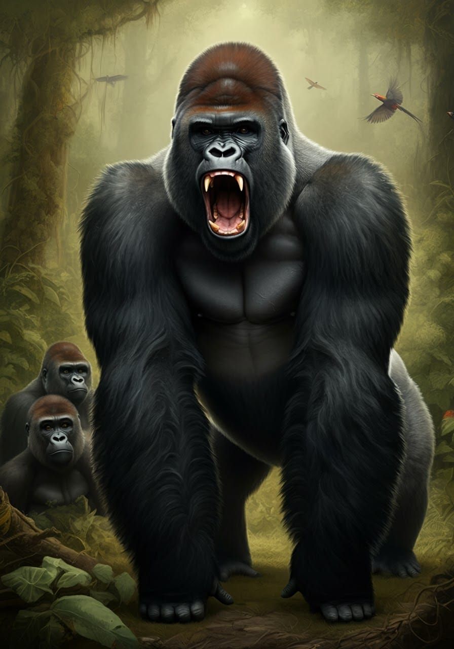 Majestic Silverback Gorilla Roaring, Baroque Painting Style