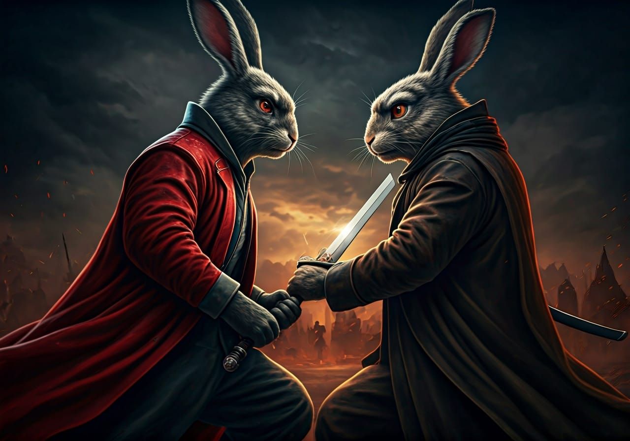 Anthropomorphic Rabbits Duel with Swords