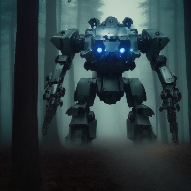 Steampunk Mecha in Dark Forest with Machine Gun
