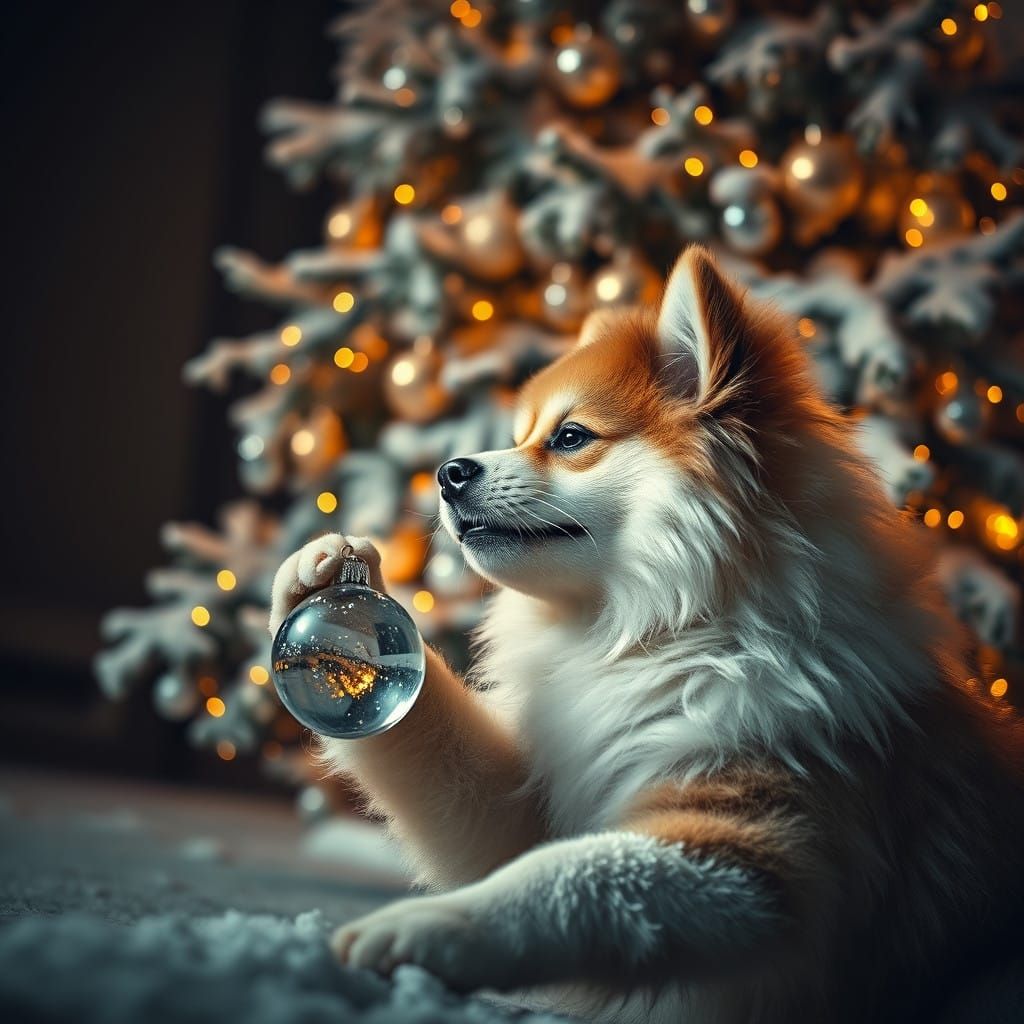 Fluffy Dog Plays with Glass Ornament under Christmas Tree