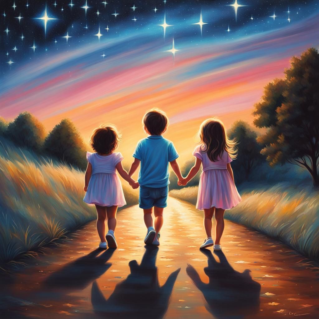 Toddlers Walking on Starry Road in Pastel Painting
