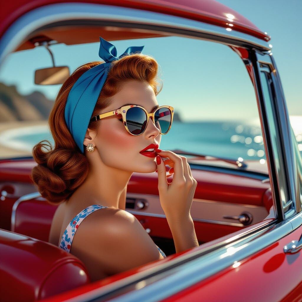 1950s Woman Applies Lipstick in Vintage Car