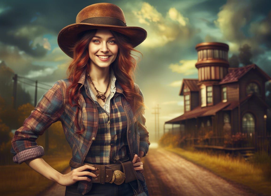 Steampunk Hipster Girl on Country Road