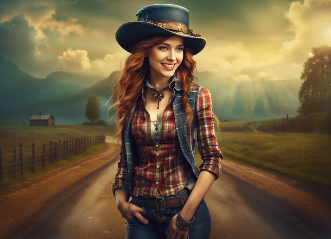 Steampunk Hipster Girl on Country Road