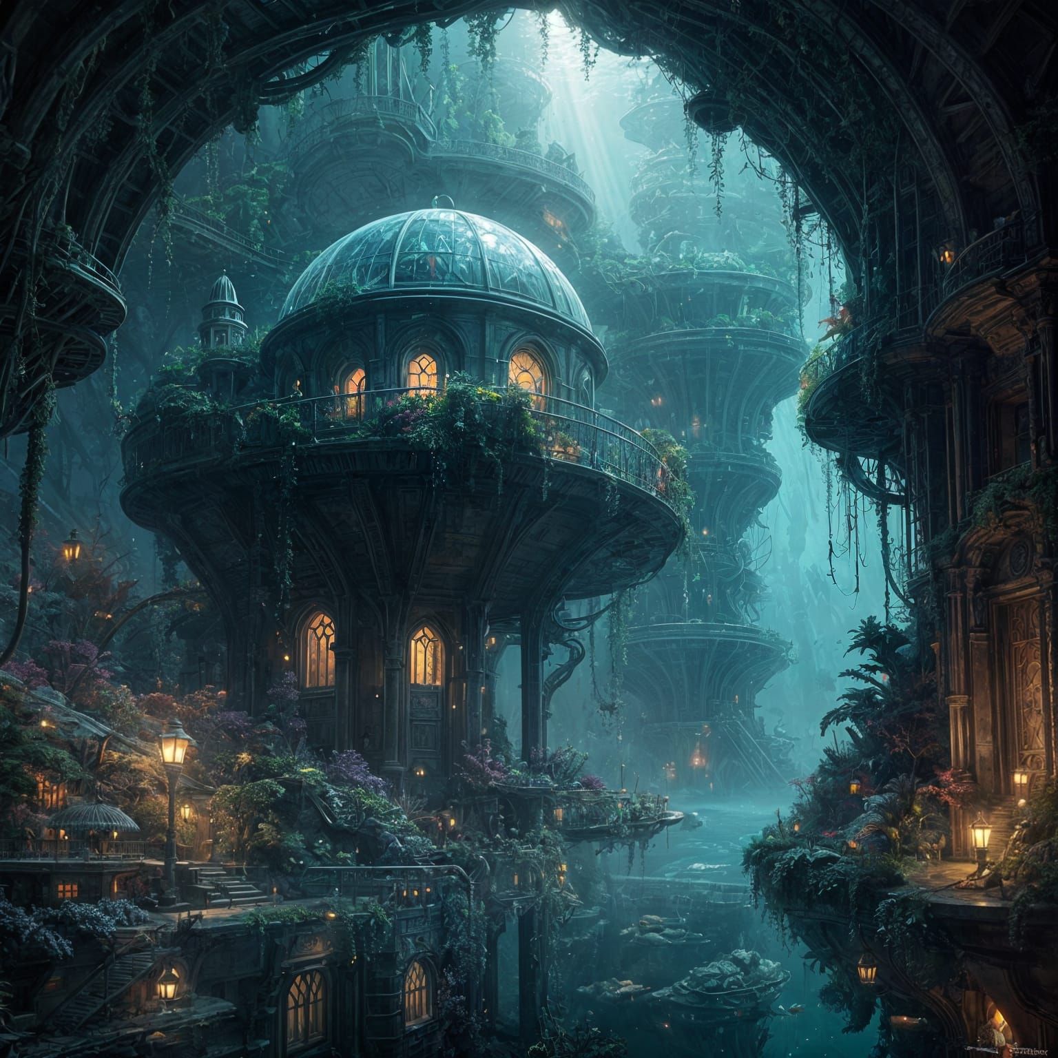 Underwater Glass Dome City with Bio-luminescent Creatures