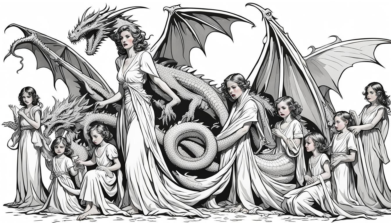 Coloring Book Style Women with Dragon and Angels