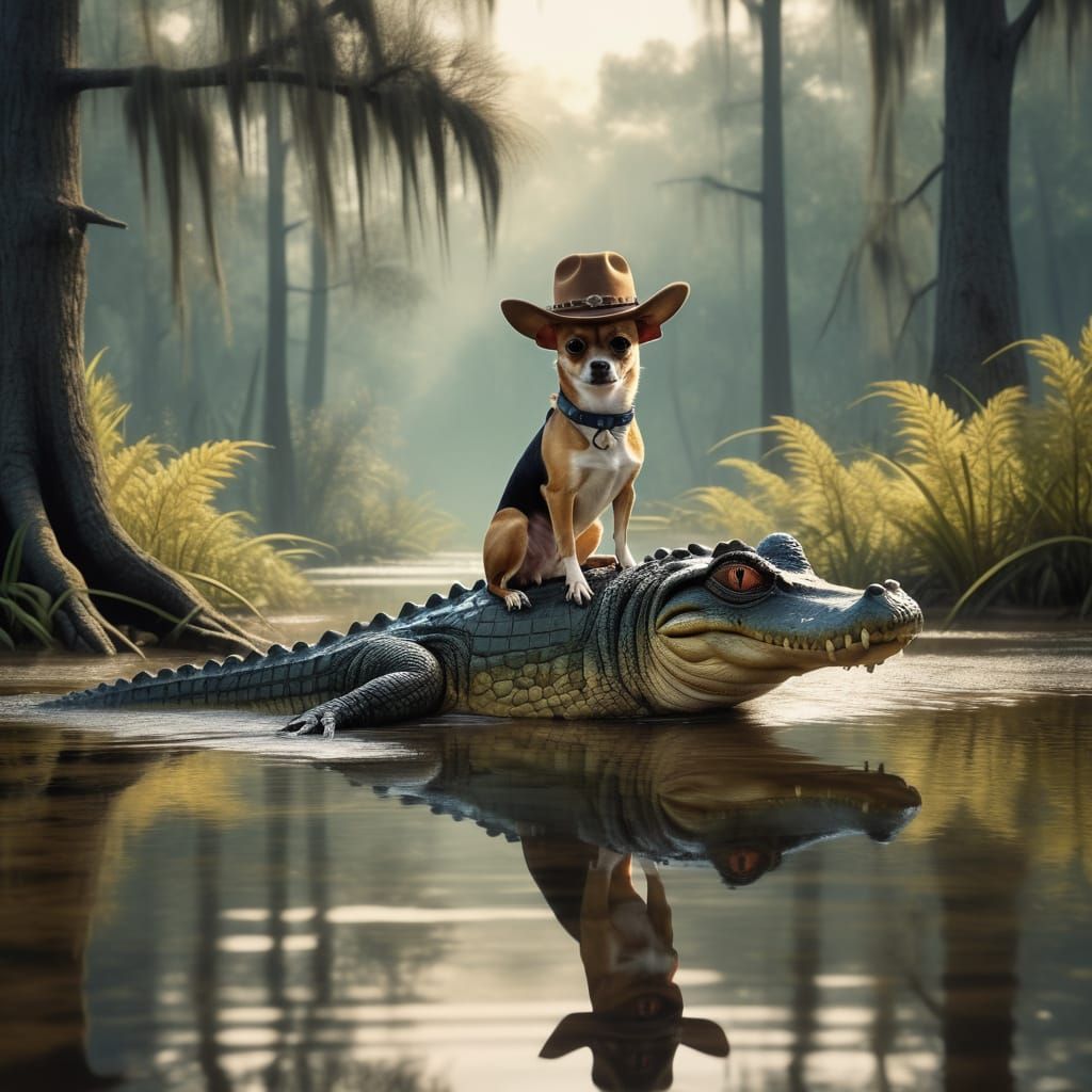 Chihuahua Cowboy Rides Majestic Alligator through Lush Bayou...