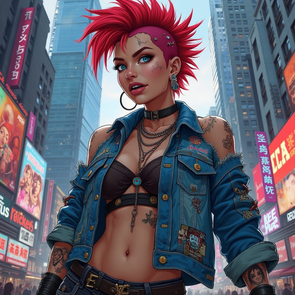 Rebellious Punk Icon Stands Tall in Neon Urban Landscape