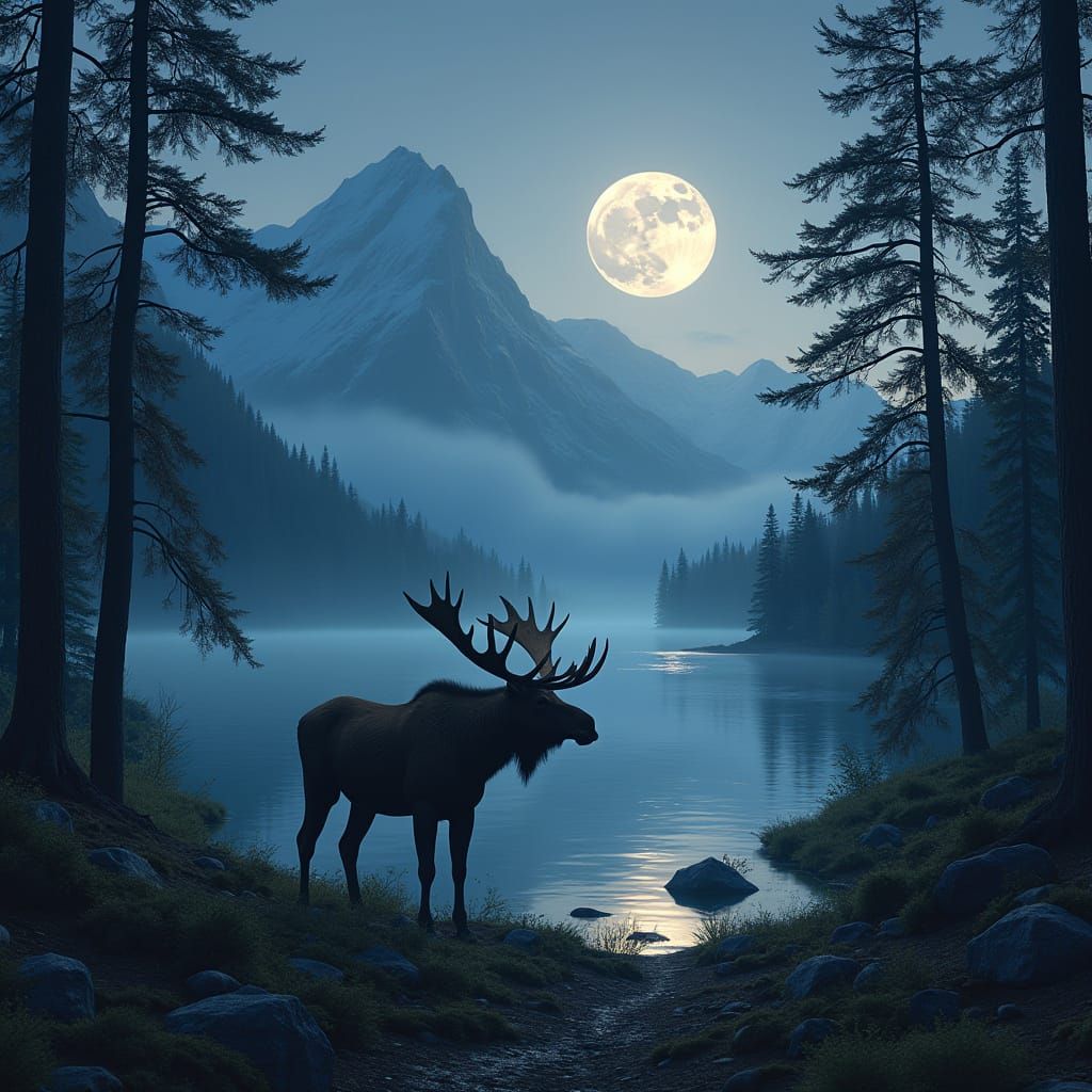 Majestic Bull Moose Under Full Moon in Ancient Forest