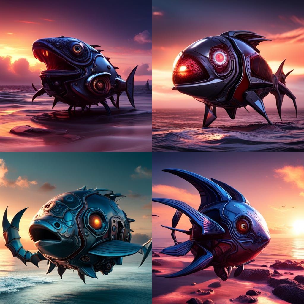 Giant One-Eyed Fish with Bloody Sunset: Sci-Fi Art