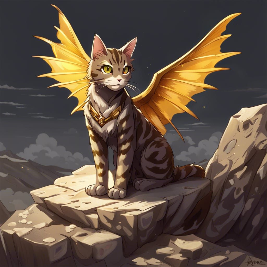 Anime Dark Tabby Cat with Dragon Wings