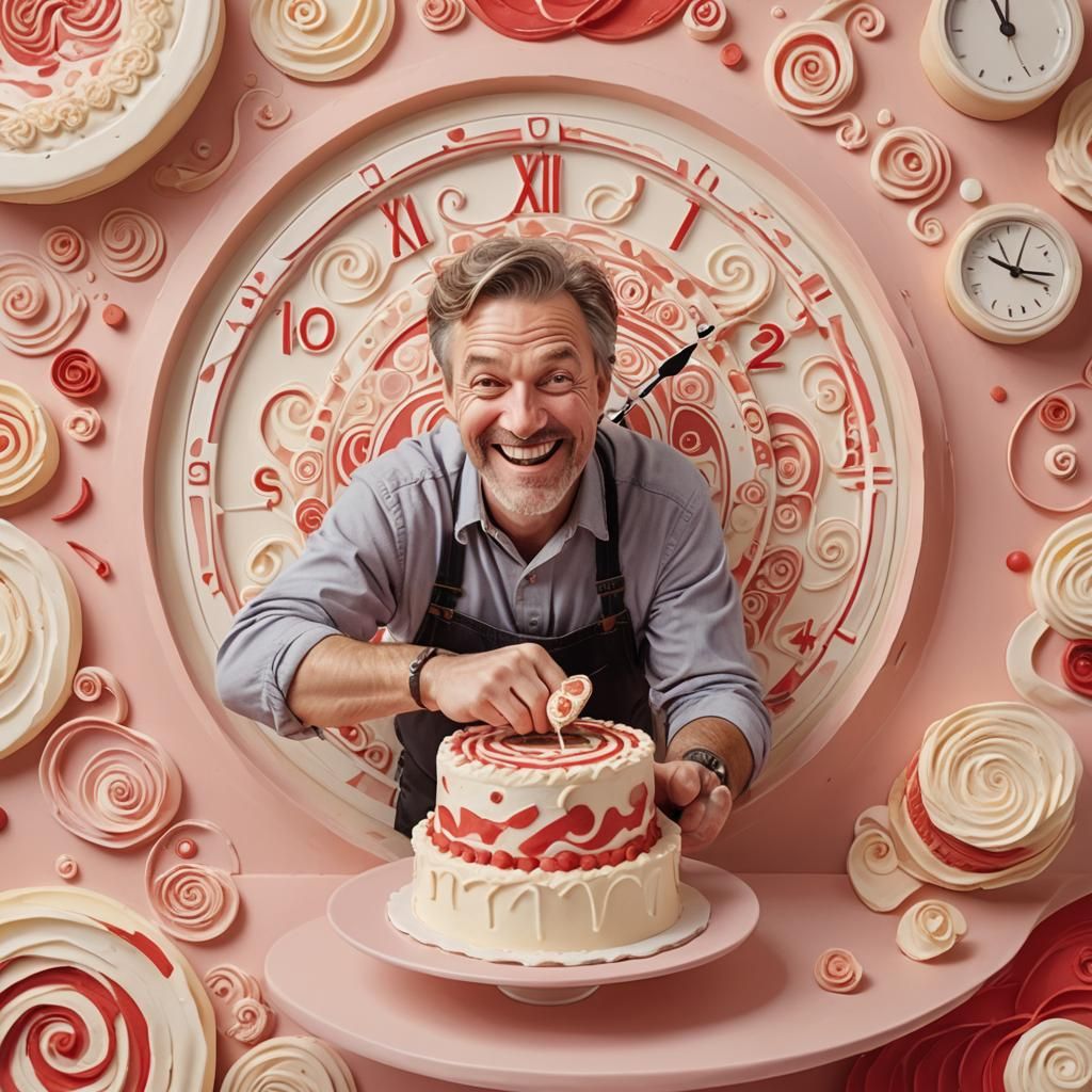 Man Cuts Clock Cake in Whimsical Illustration Style