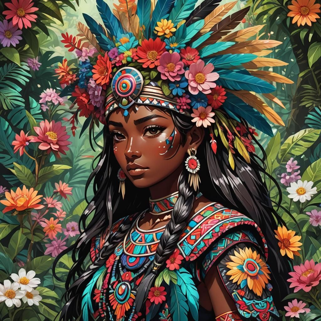 Aztec Girl in Anime Style with Quetzal Feathers
