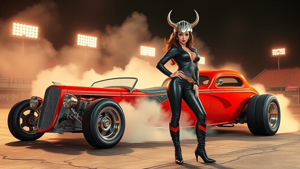 Sultry Pinup Girls Tear Donuts in Hot Rods under Midnight St...