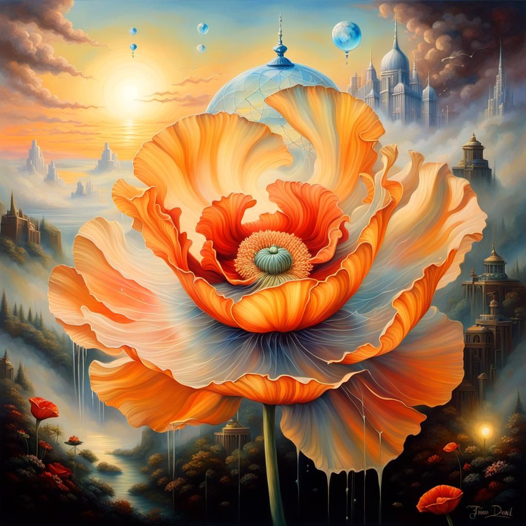 Ethereal Poppy Flower Sunrise in Surrealist Style