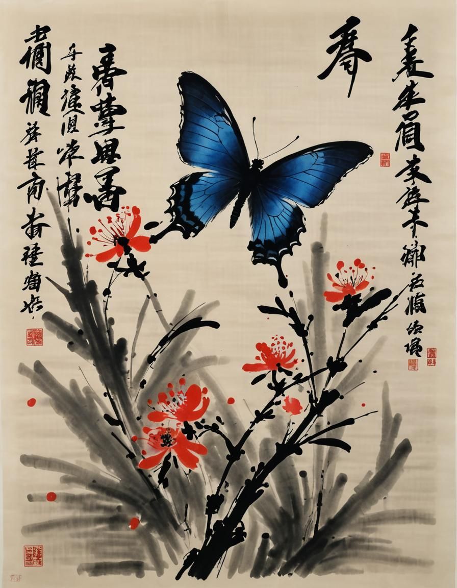 blue buterfly in ink / Qi Baishi style