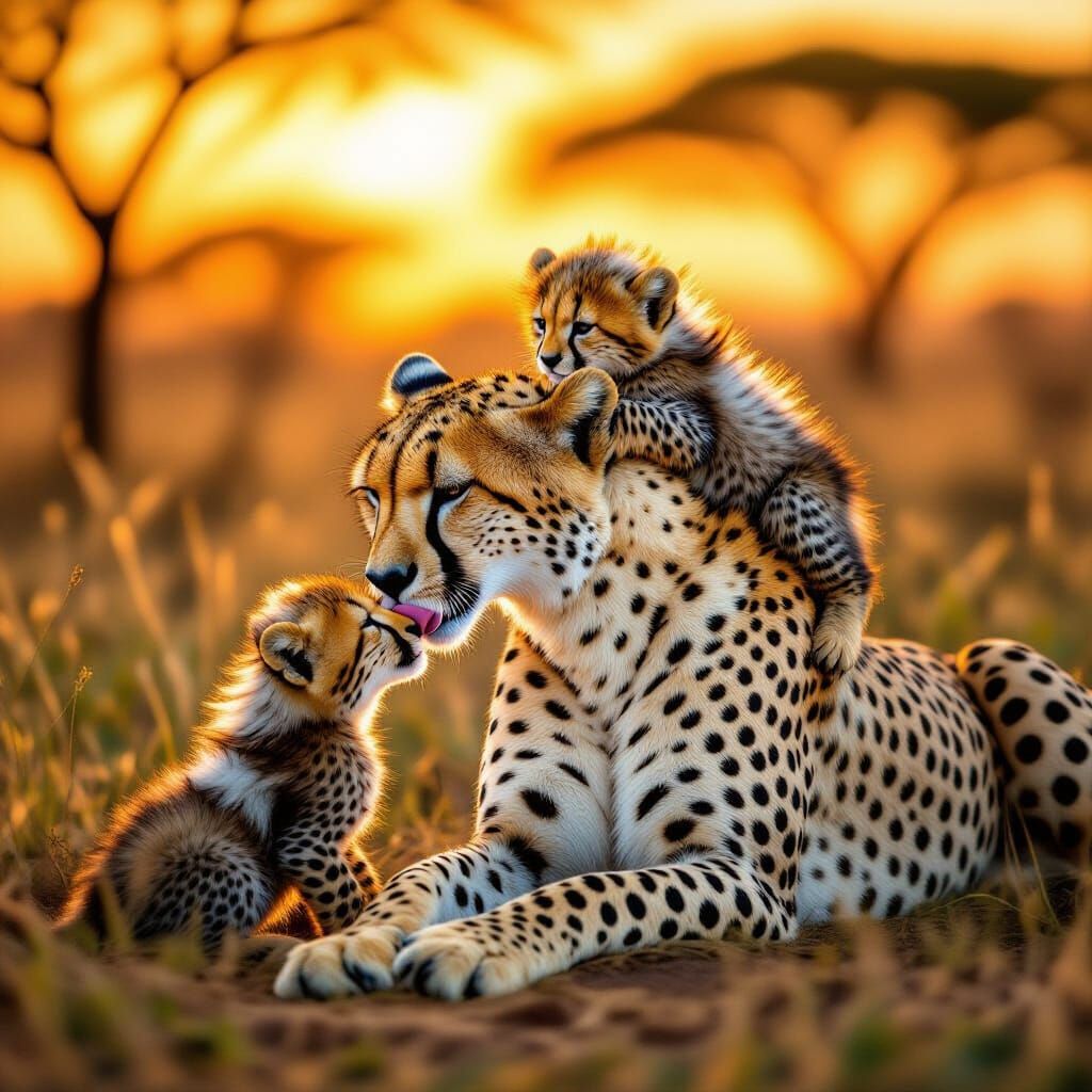 Cheetah Mother Tends to Cubs at Savanna Sunset