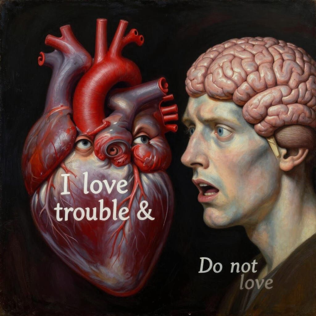 Heart and Brain Confrontation in Surreal Oil Painting Style
