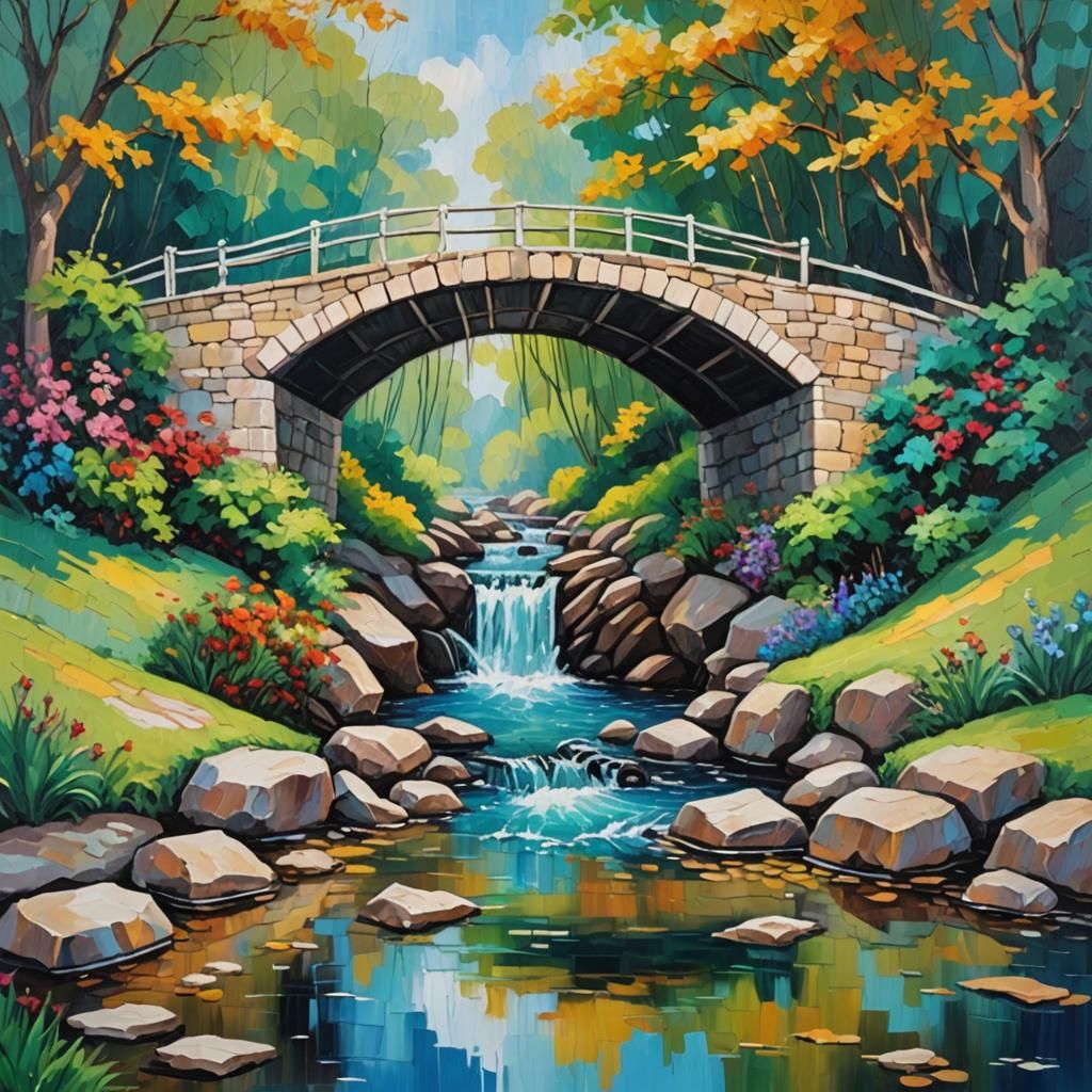 Charming Bridge and Waterfall in Expressionist Oil Painting