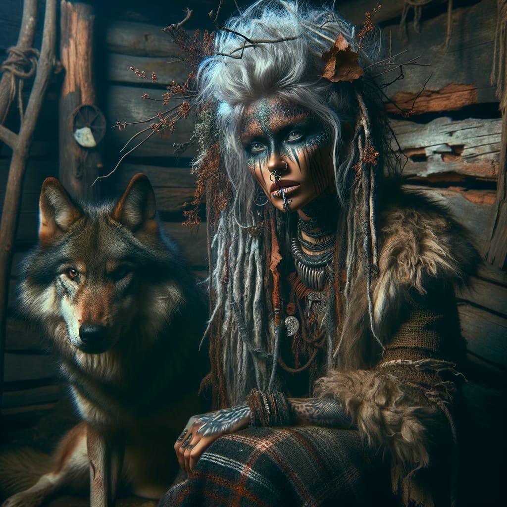 A stunning image of a Ferris woman with long, lush, messy silver hair with twigs and  leaves and striking, tribal make u...
