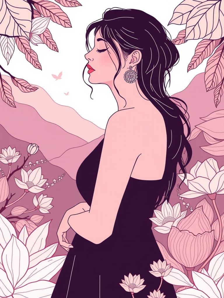 Serene Woman in Minimalist Line Art Nature