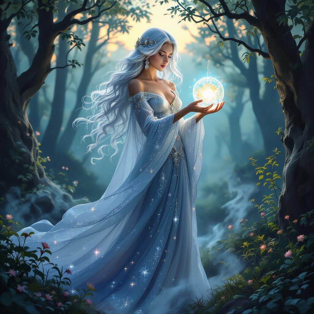 Mystical Woman in Enchanted Forest at Dusk