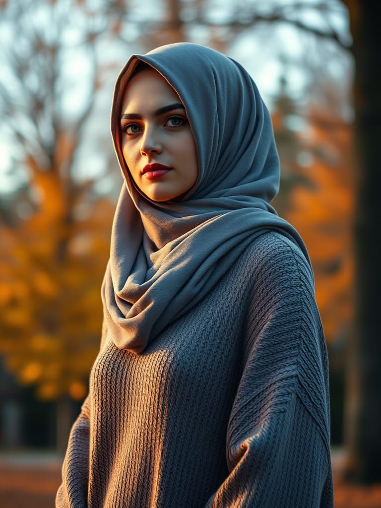 Gorgeous Hijabi Woman in Autumn Park, Digital Art