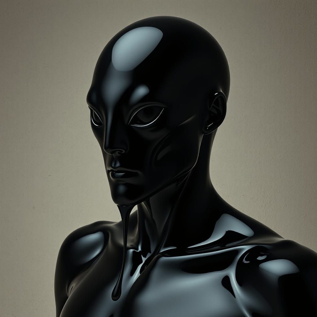 Humanoid Being in Black Liquid Metal Textur Poses in Rough E...