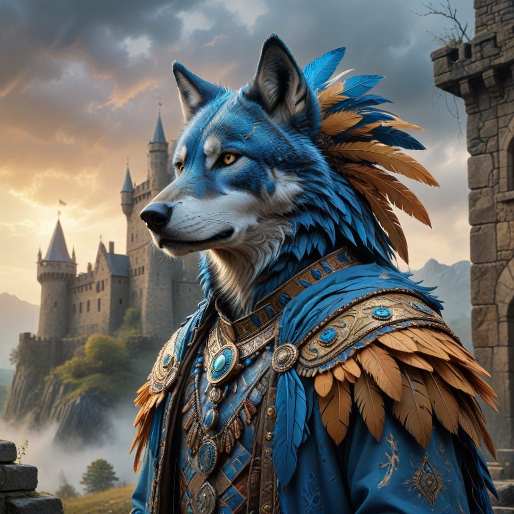 Majestic Blue Wolf Chief in Regalia Near Castle