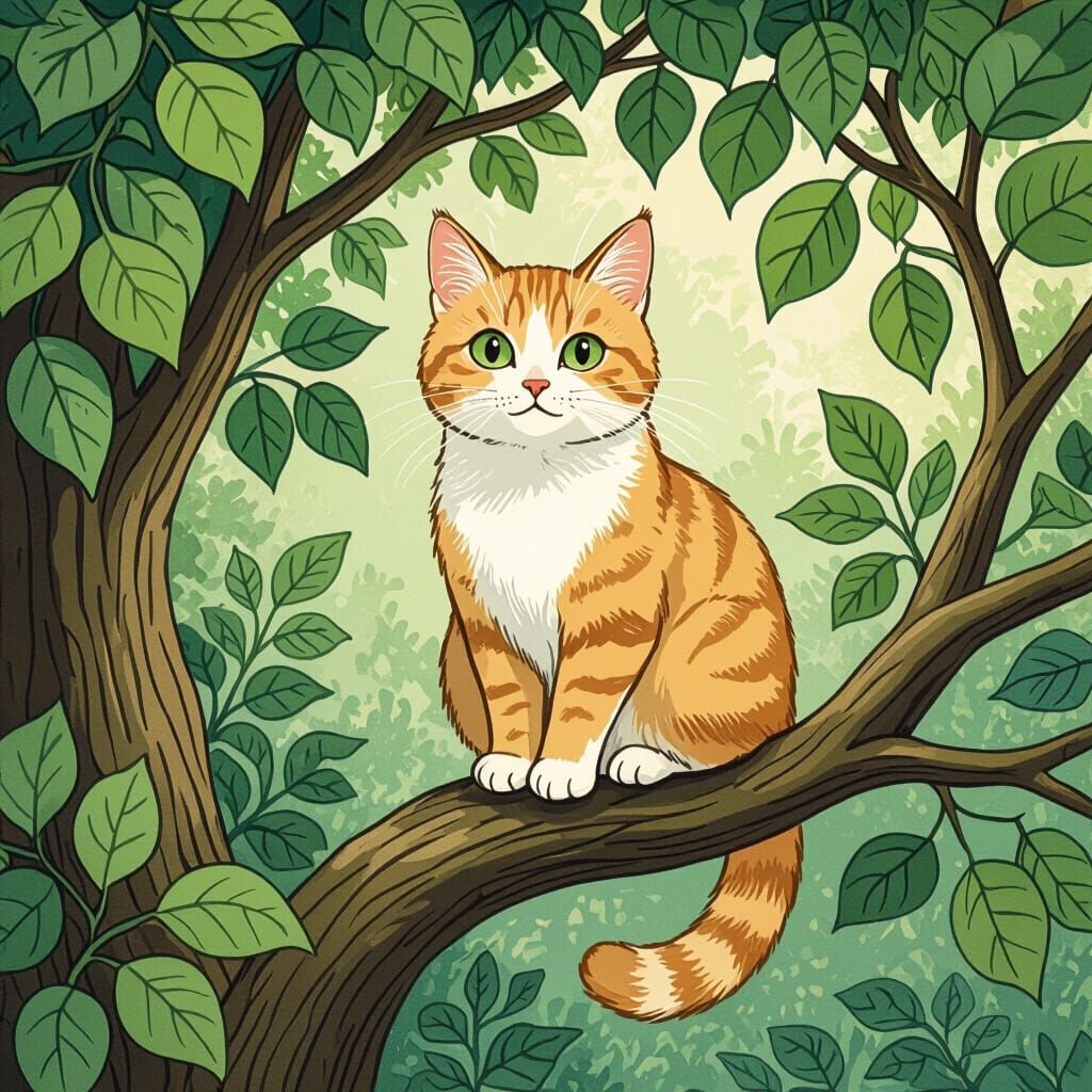 Cat on Branch in Storybook Illustration Style