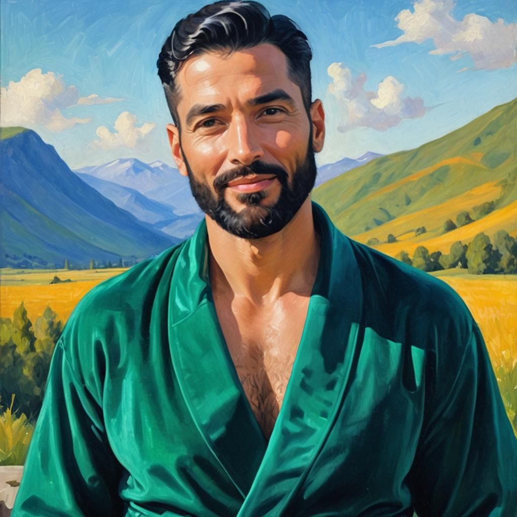 Man in Green Velvet Robe as Oil Painting