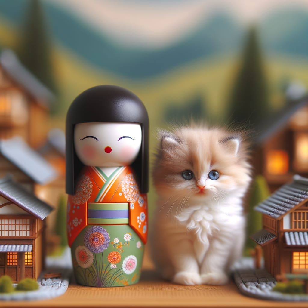 Kitten and Kokeshi Doll in Tiny Village Scene