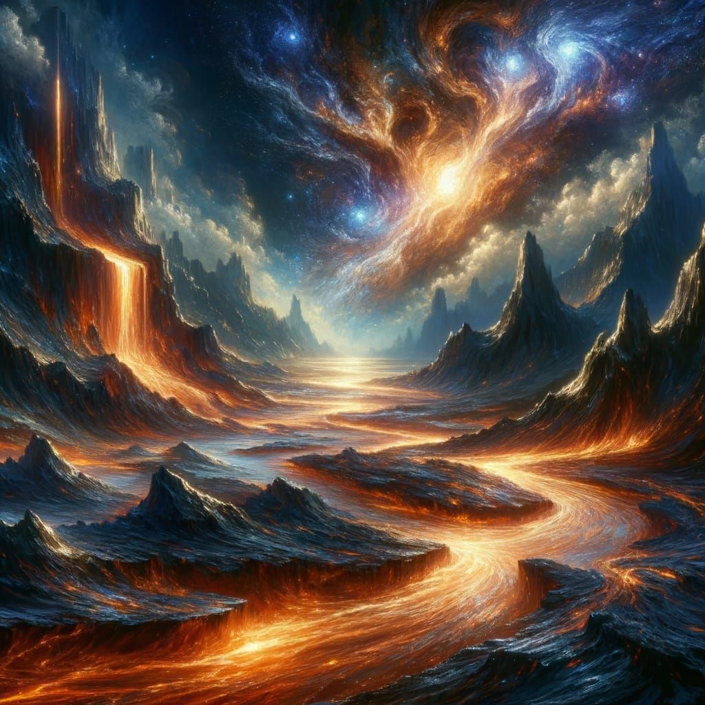 Epic Fantasy Landscape: Lava Rivers Flow Through Chocolate M...