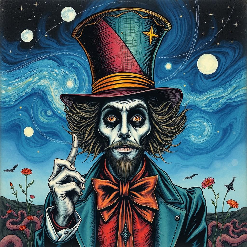 Surreal Mad Hatter in Wonderland: Detailed Splash Art