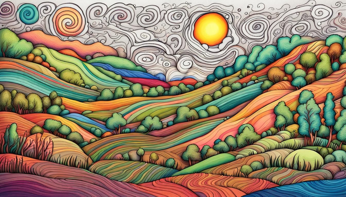 Colorful Doodle Landscape with Swirls and Squiggles