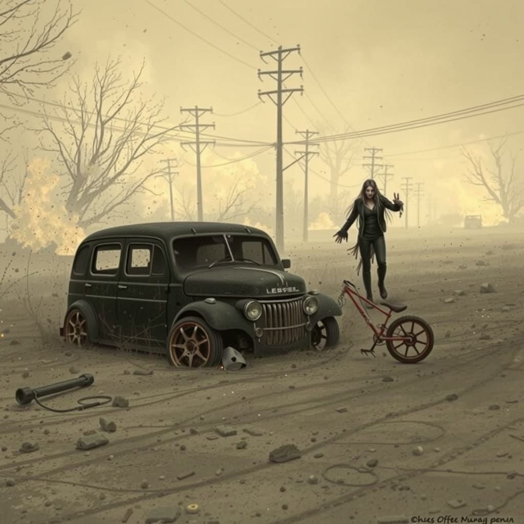 Goth Model & Zombie in Post-Apocalypse Fire Scene