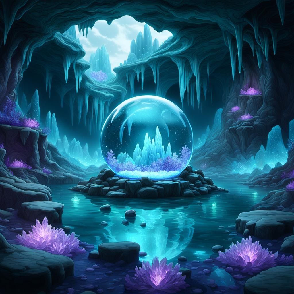 Bioluminescent Crystals in Snowglobe, Art Nouveau Style