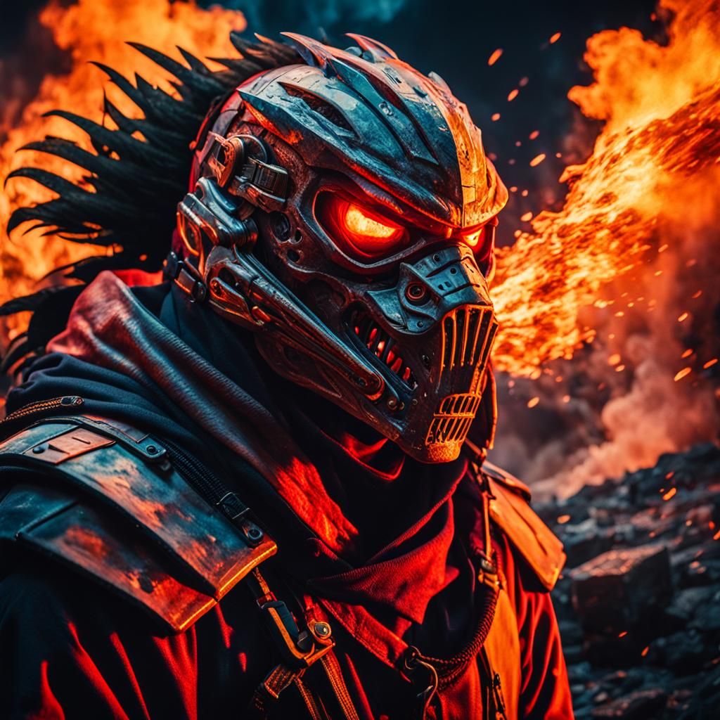 Portraits set against backgrounds resembling raging fires, w...
