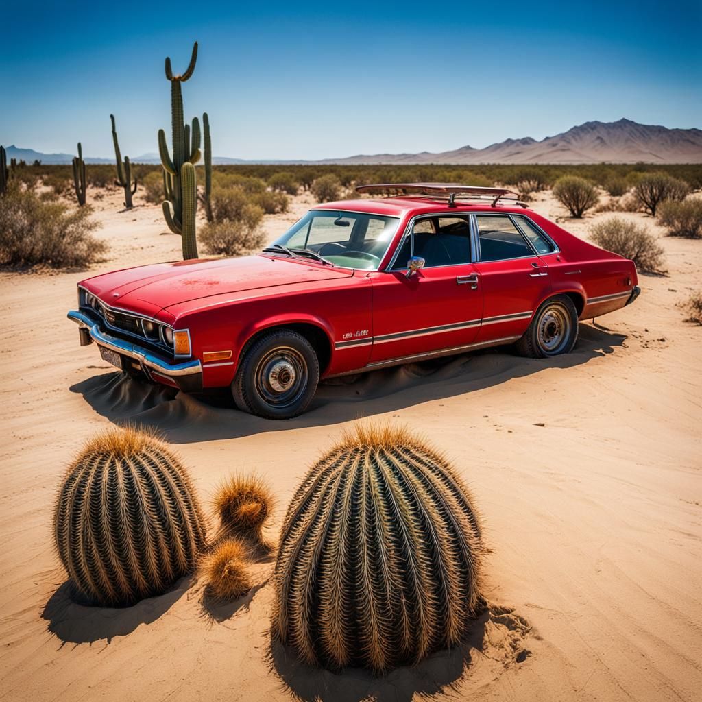 Abandoned 1970s Red Car in Desert Landscape